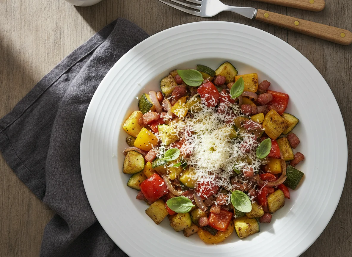 Gebratenes Gemüse mit Speck und Parmesan photo