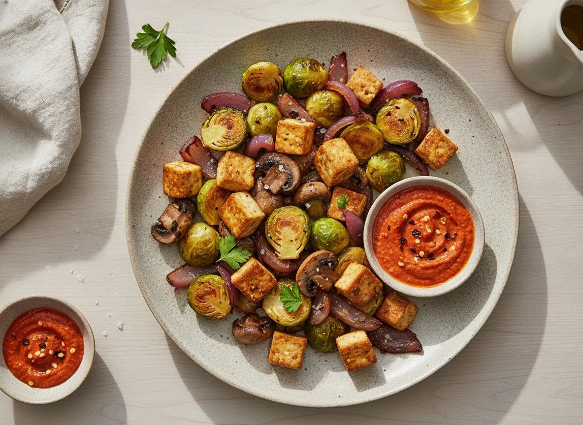 Gebratenes Gemüse mit Tofu und Dip photo