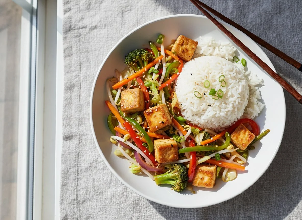 Gebratenes Gemüse mit Tofu und Reis photo