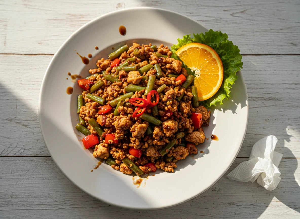 Gebratenes Hackfleisch mit Gemüse und Sauce photo
