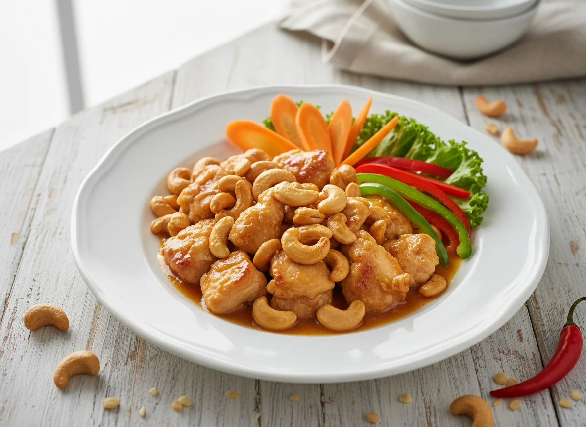 Gebratenes Hähnchen mit Cashewkernen und Gemüse photo