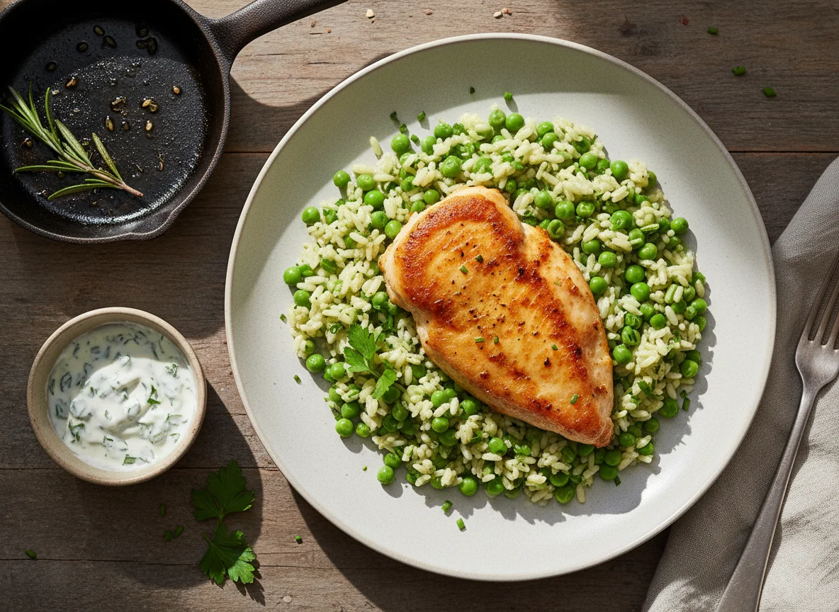 Gebratenes Hähnchen mit Erbsenreis photo