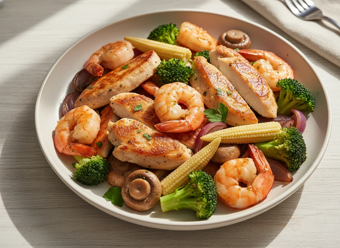 Gebratenes Hähnchen mit Garnelen und Gemüse photo