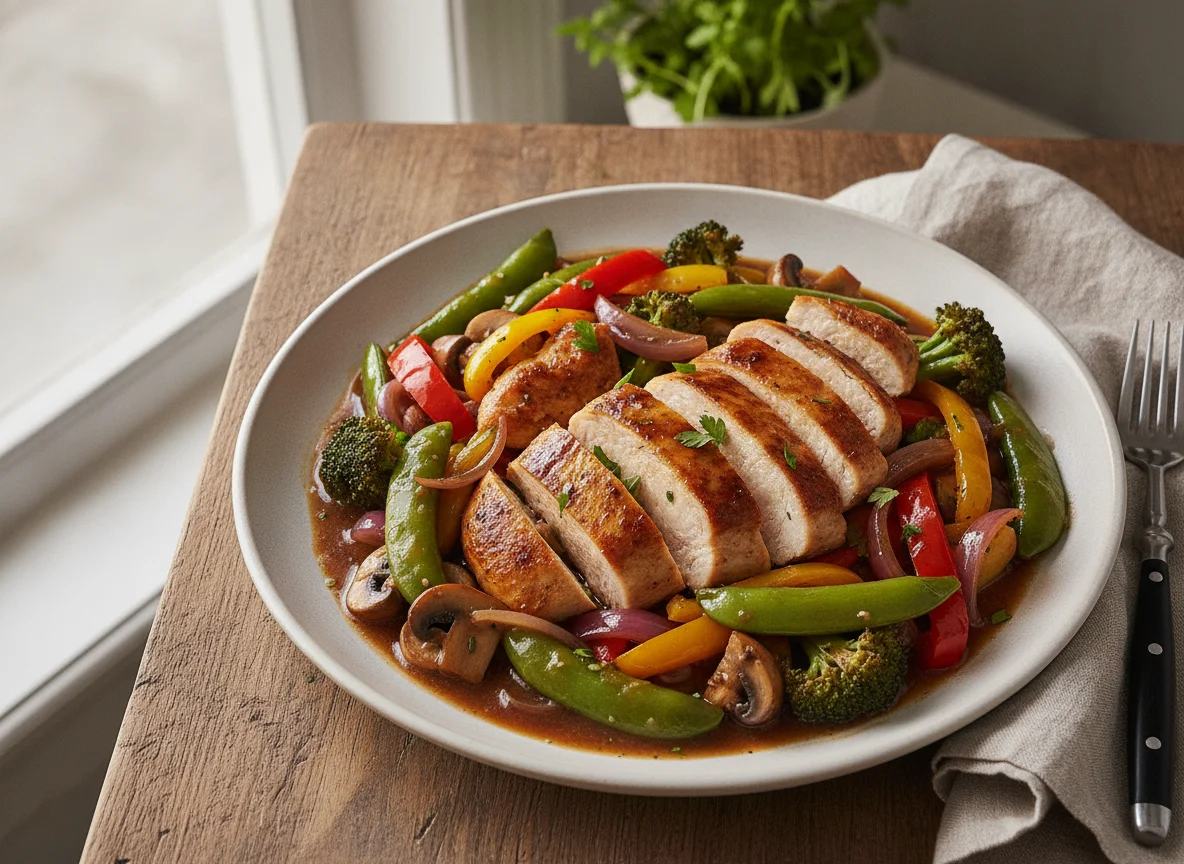 Gebratenes Hähnchen mit Gemüse in dunkler Sauce photo