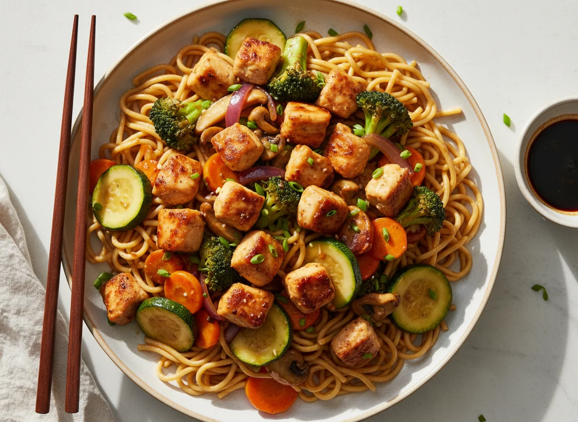 Gebratenes Hähnchen mit Gemüse und Nudeln photo