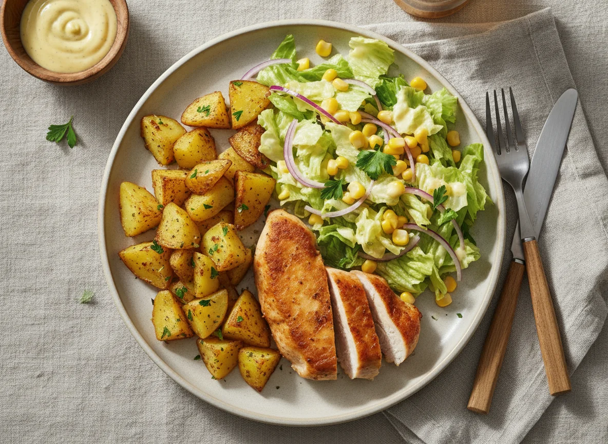 Gebratenes Hähnchen mit Kartoffeln und gemischtem Salat photo