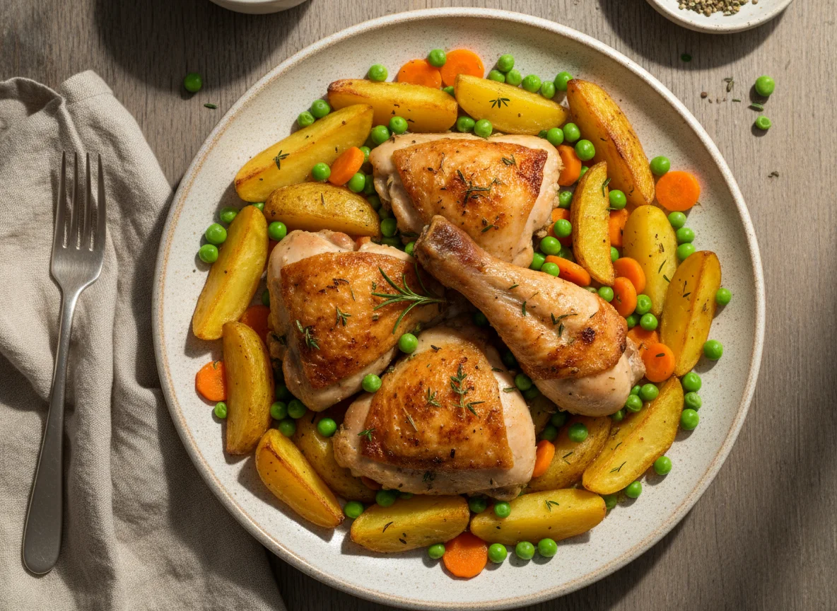 Gebratenes Hähnchen mit Kartoffeln und Gemüse photo