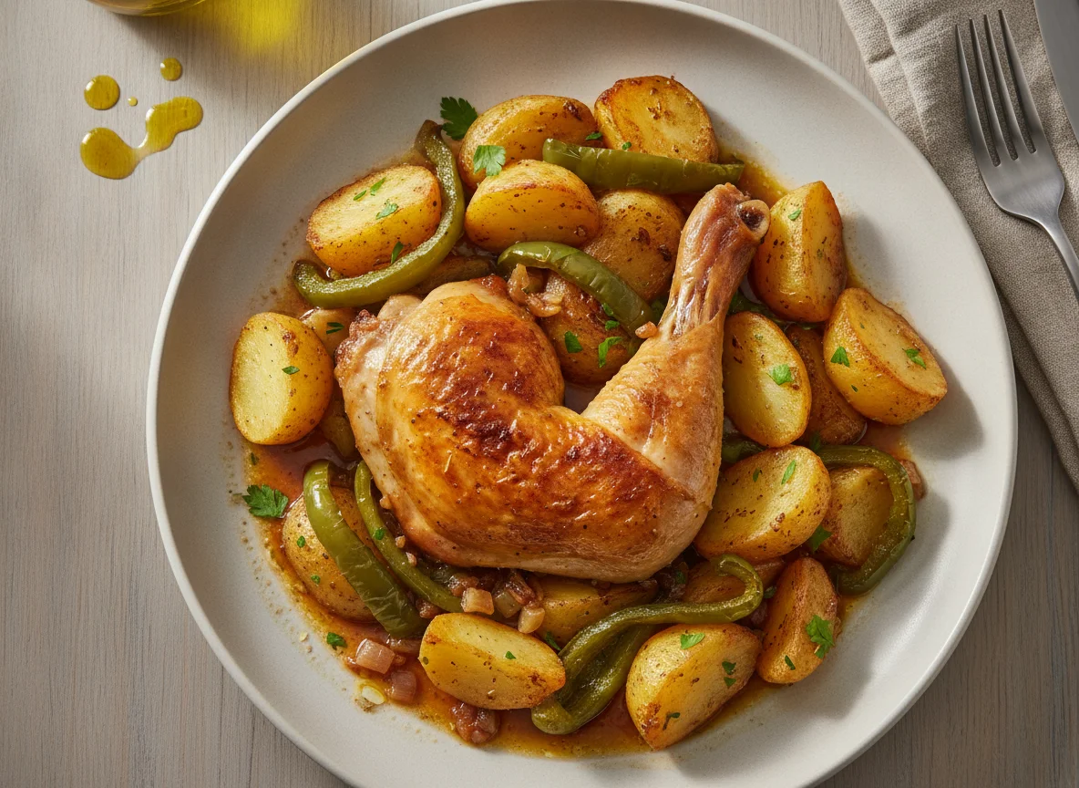 Gebratenes Hähnchen mit Kartoffeln und Paprika photo
