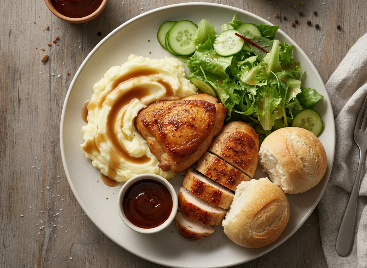 Gebratenes Hähnchen mit Kartoffelpüree und Salat photo