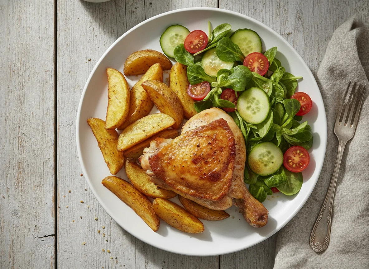Gebratenes Hähnchen mit Kartoffelspalten und gemischtem Salat photo
