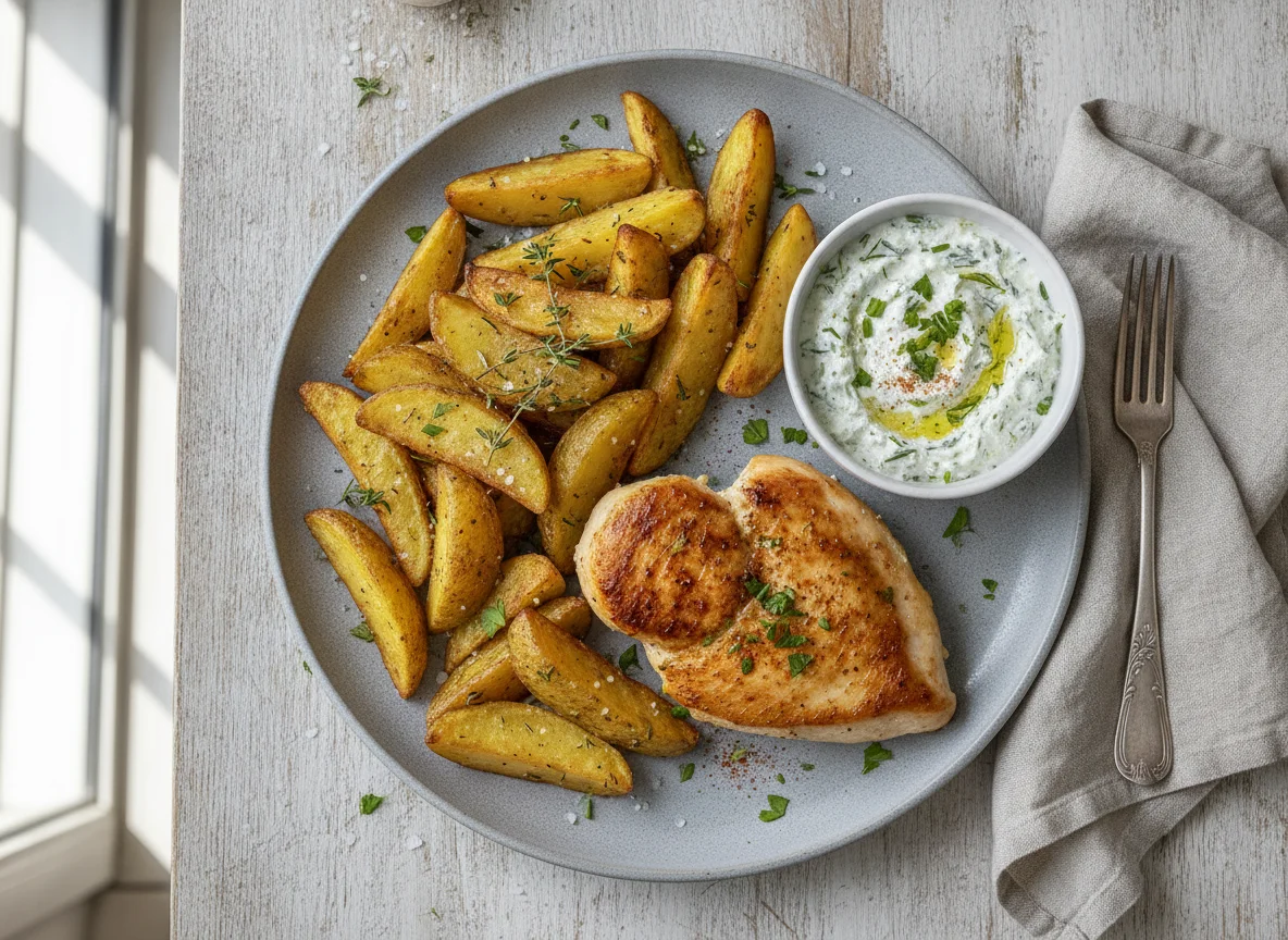 Gebratenes Hähnchen mit Kartoffelspalten und Kräuterquark photo