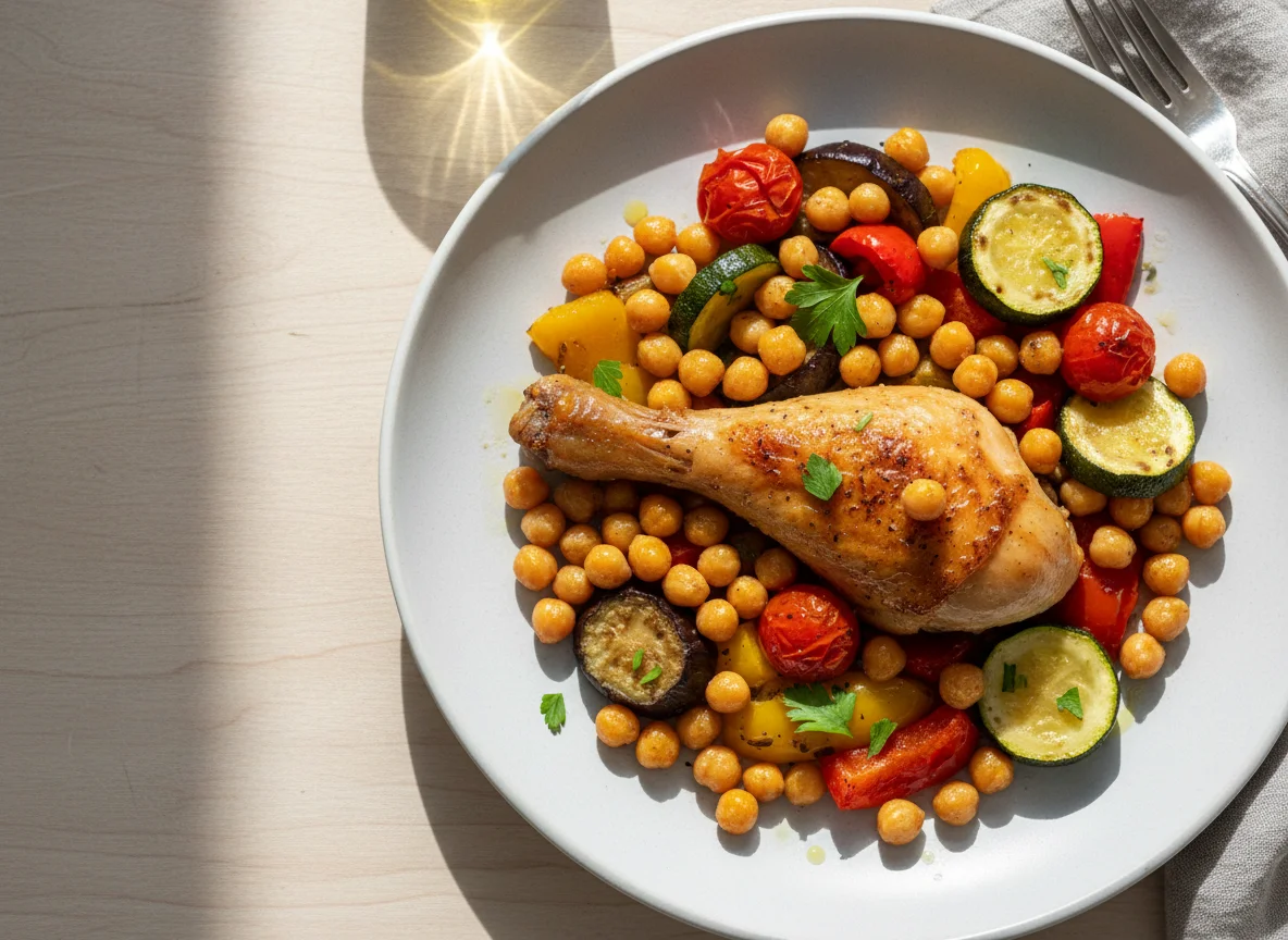 Gebratenes Hähnchen mit Kichererbsen und Ofengemüse photo