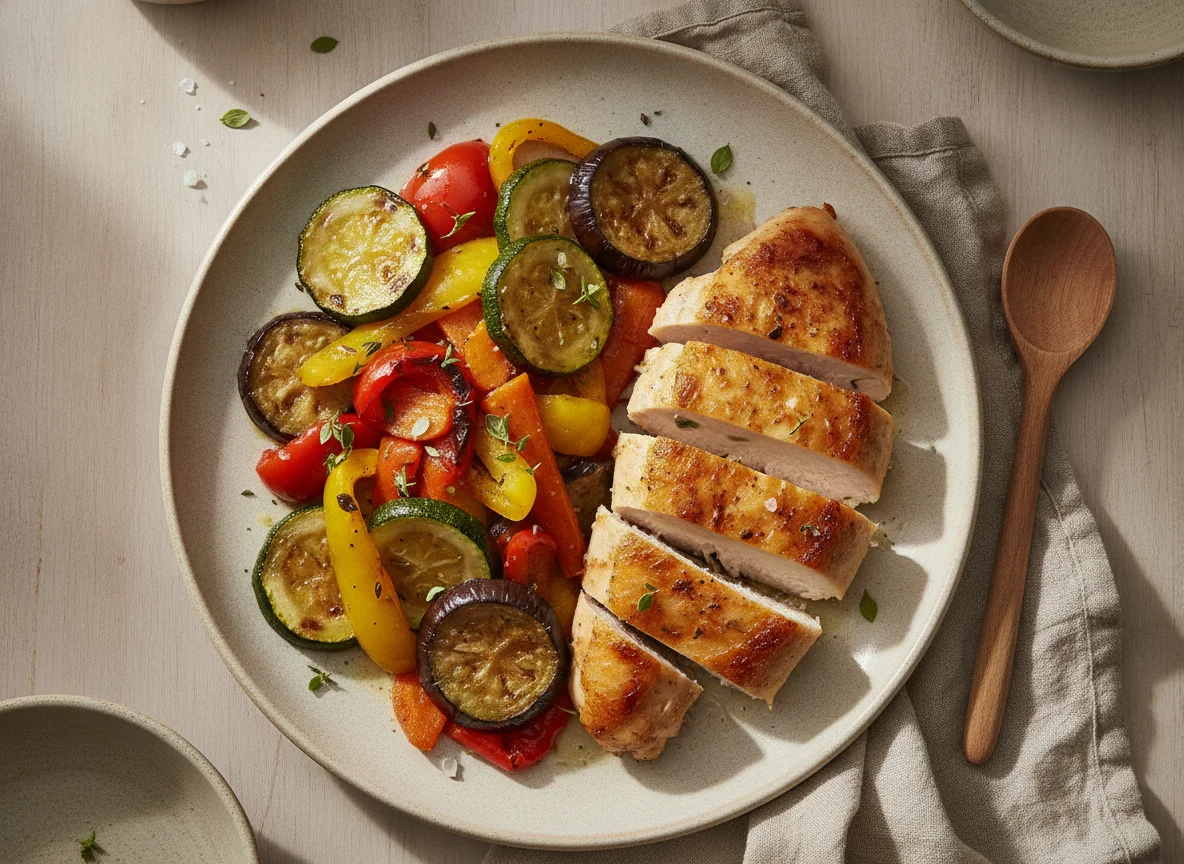 Gebratenes Hähnchen mit mediterranem Gemüse photo