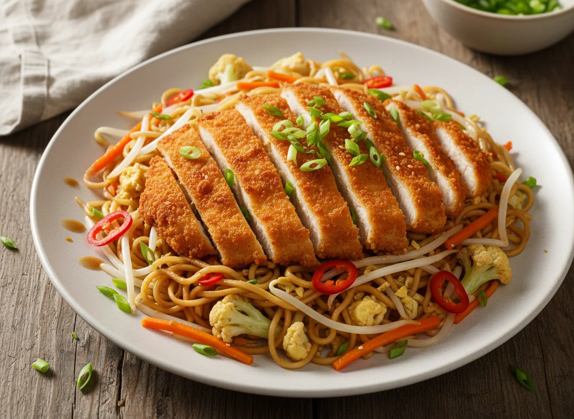 Gebratenes Hähnchen mit Nudeln und Gemüse photo