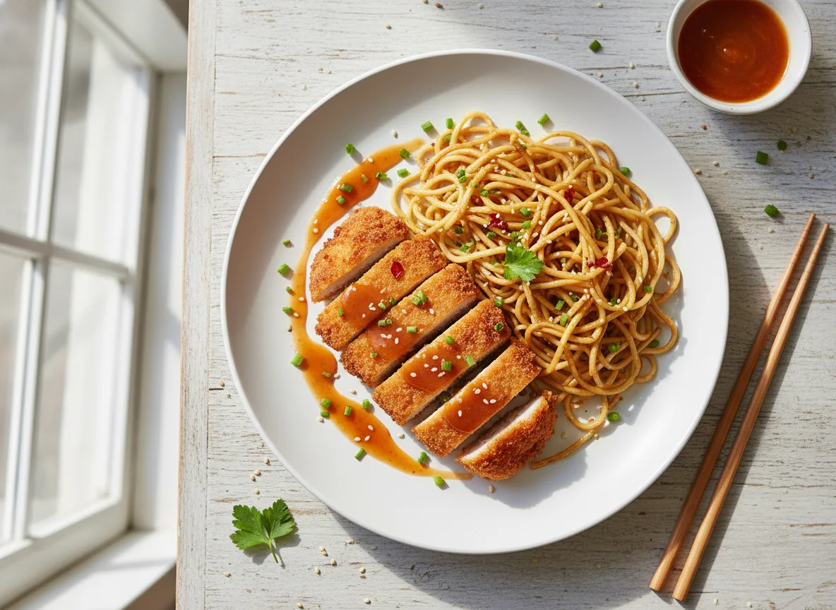 Gebratenes Hähnchen mit Nudeln und Sauce photo