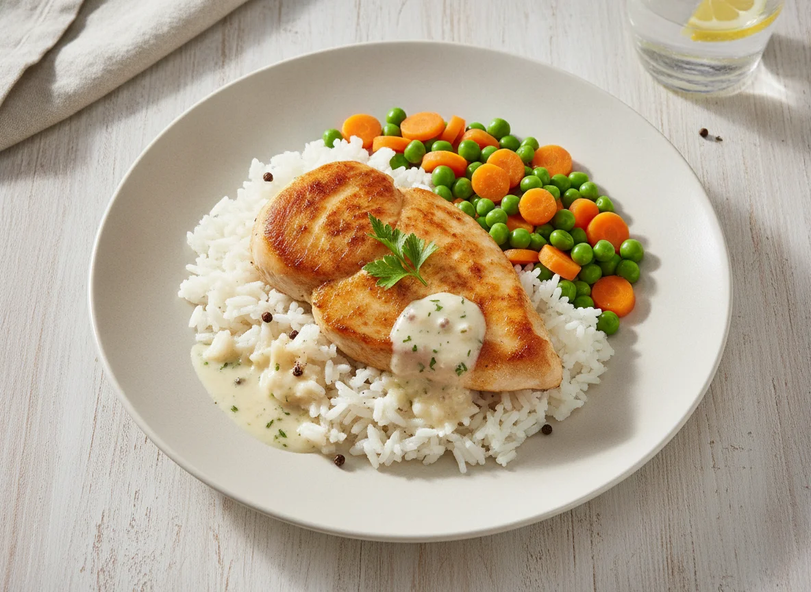 Gebratenes Hähnchen mit Reis und Erbsen-Möhren-Gemüse photo