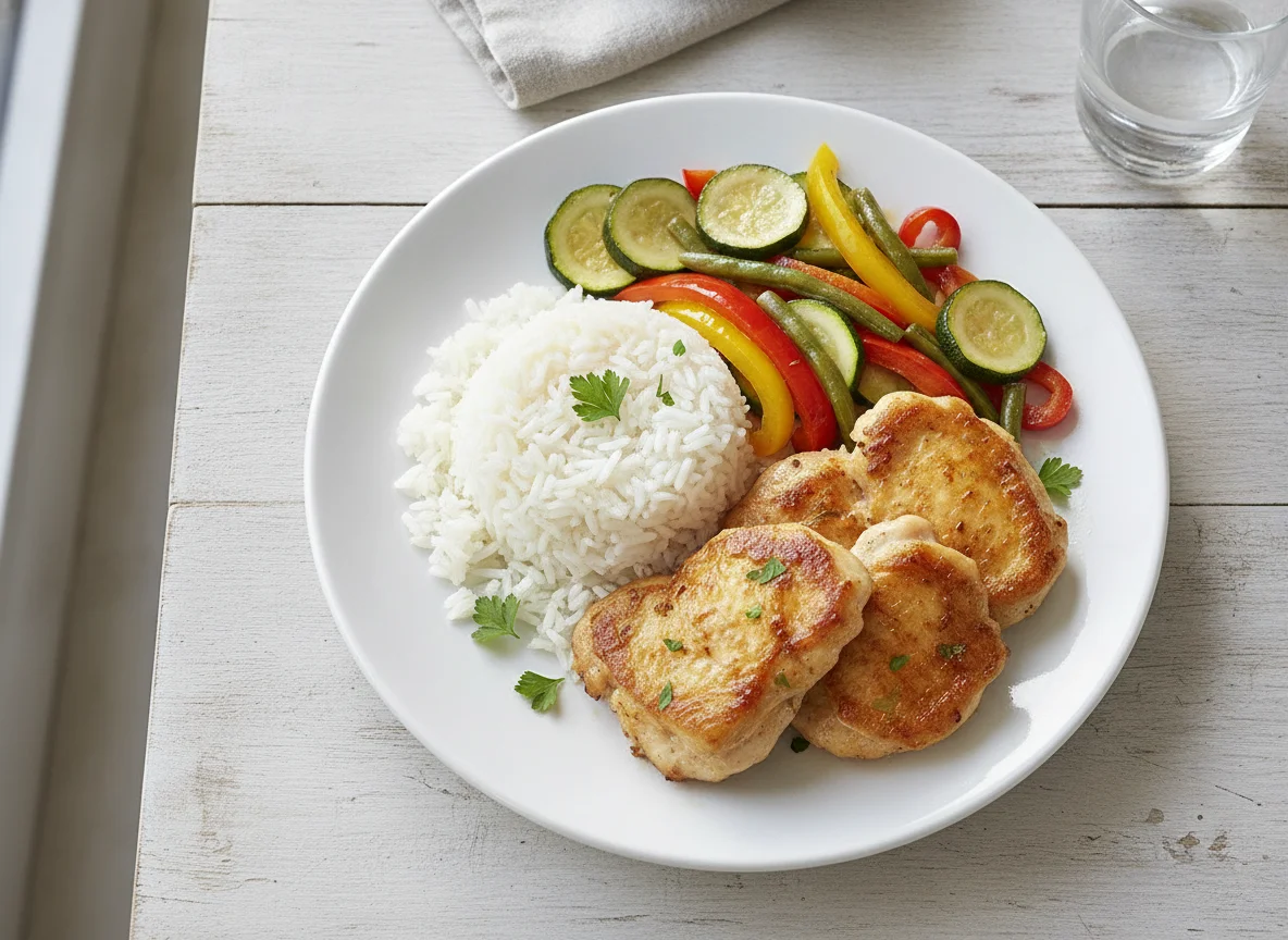 Gebratenes Hähnchen mit Reis und gemischtem Gemüse photo