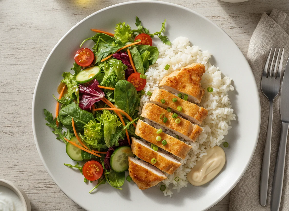 Gebratenes Hähnchen mit Reis und gemischtem Salat photo