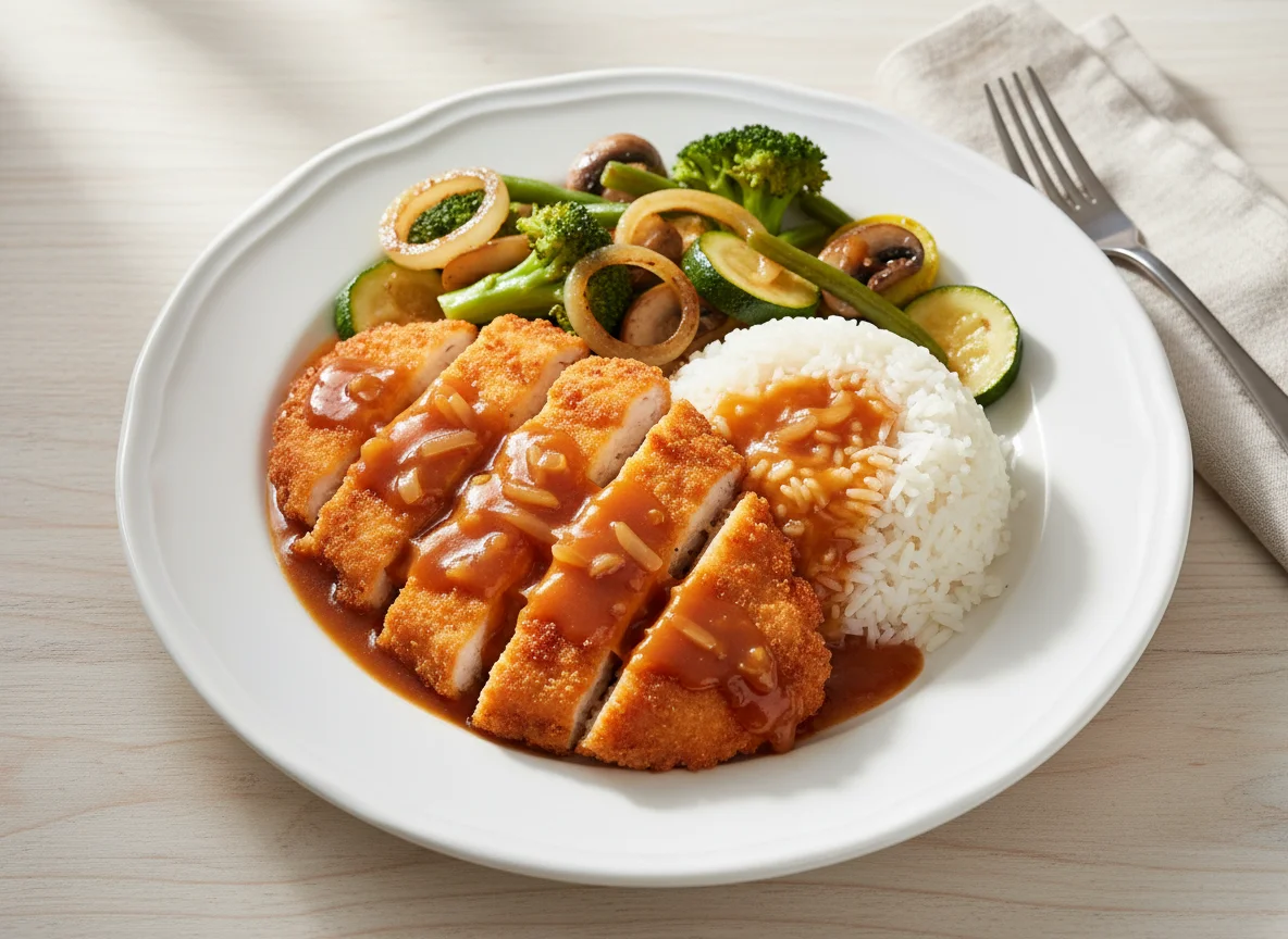 Gebratenes Hähnchen mit Reis und Gemüse in Sauce photo