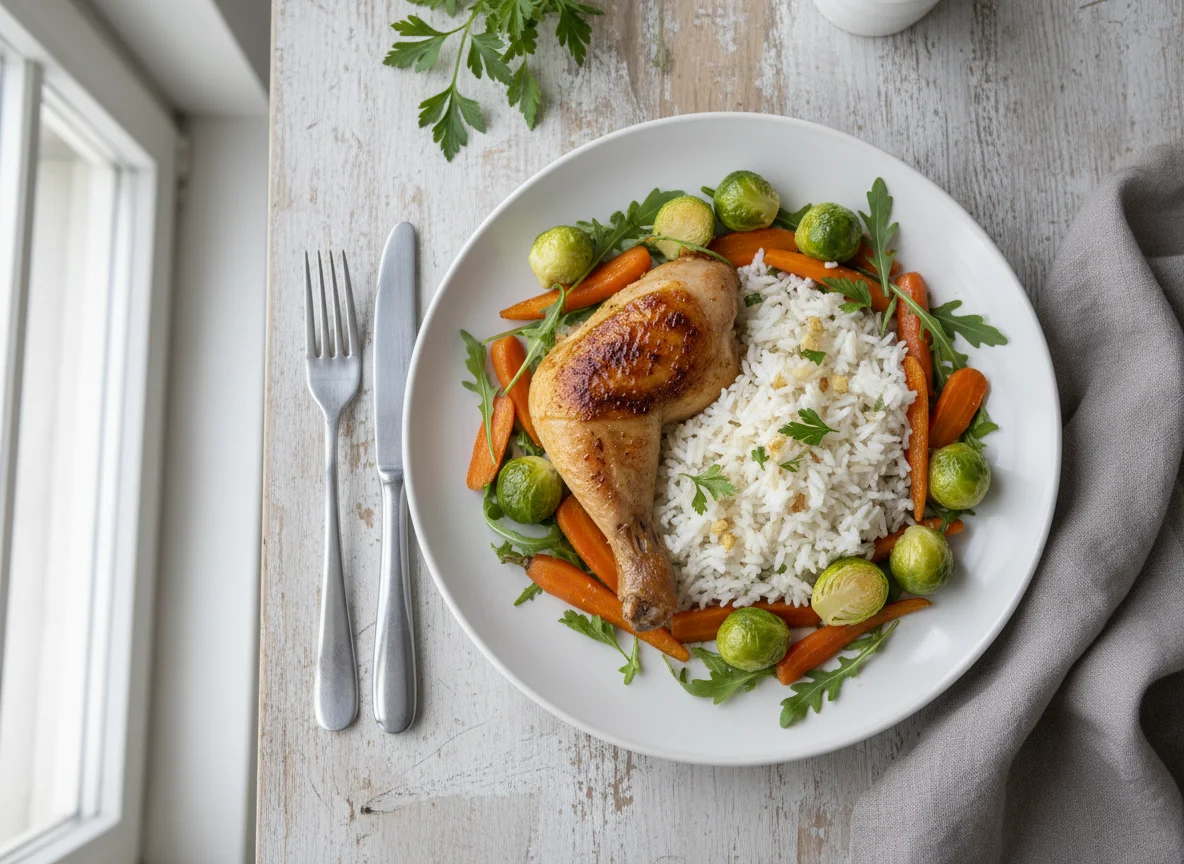 Gebratenes Hähnchen mit Reis und Gemüse photo