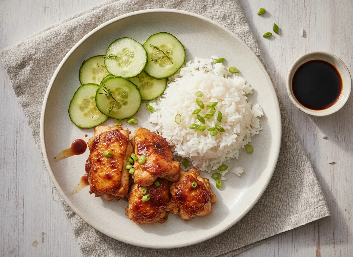 Gebratenes Hähnchen mit Reis und Gurkensalat photo