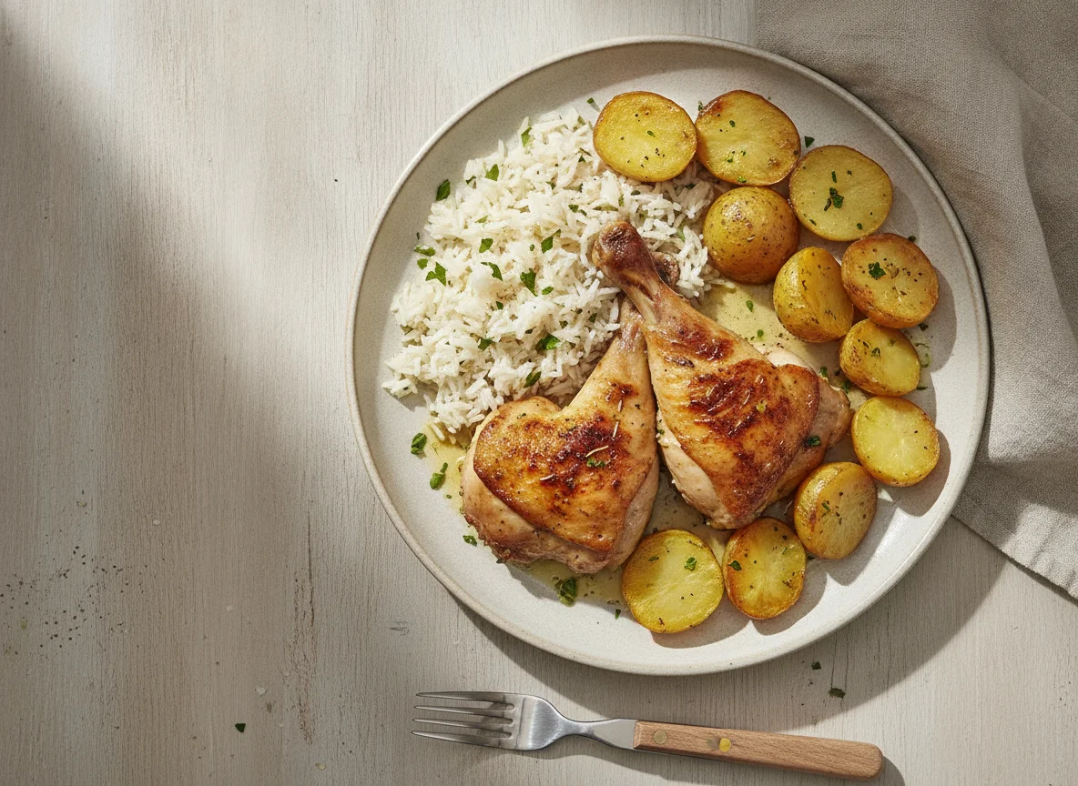 Gebratenes Hähnchen mit Reis und Kartoffeln photo