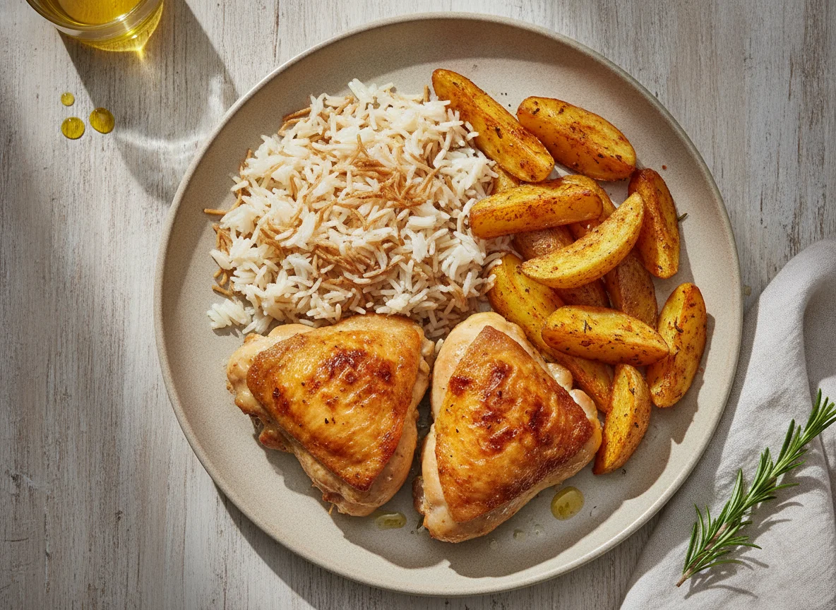 Gebratenes Hähnchen mit Reis und Kartoffelspalten photo