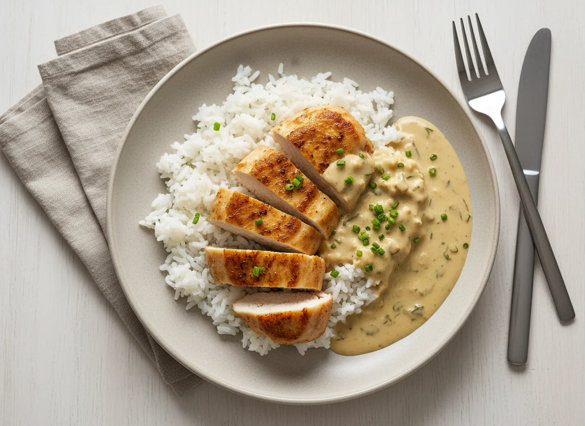 Gebratenes Hähnchen mit Reis und Sauce photo