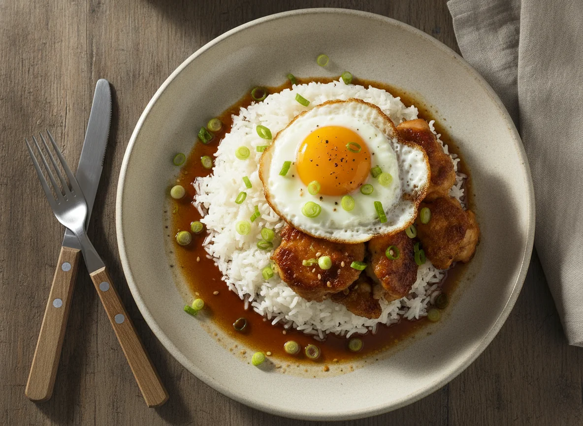 Gebratenes Hähnchen mit Reis und Spiegelei photo