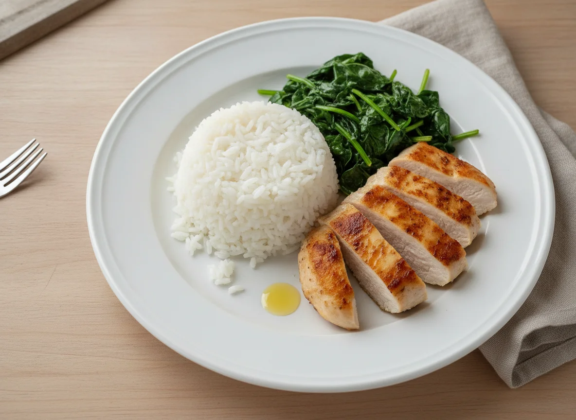 Gebratenes Hähnchen mit Reis und Spinat photo
