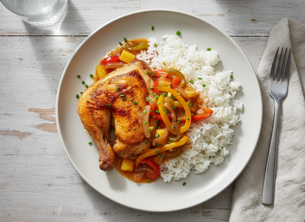 Gebratenes Hähnchen mit Reis und süß-saurer Soße photo