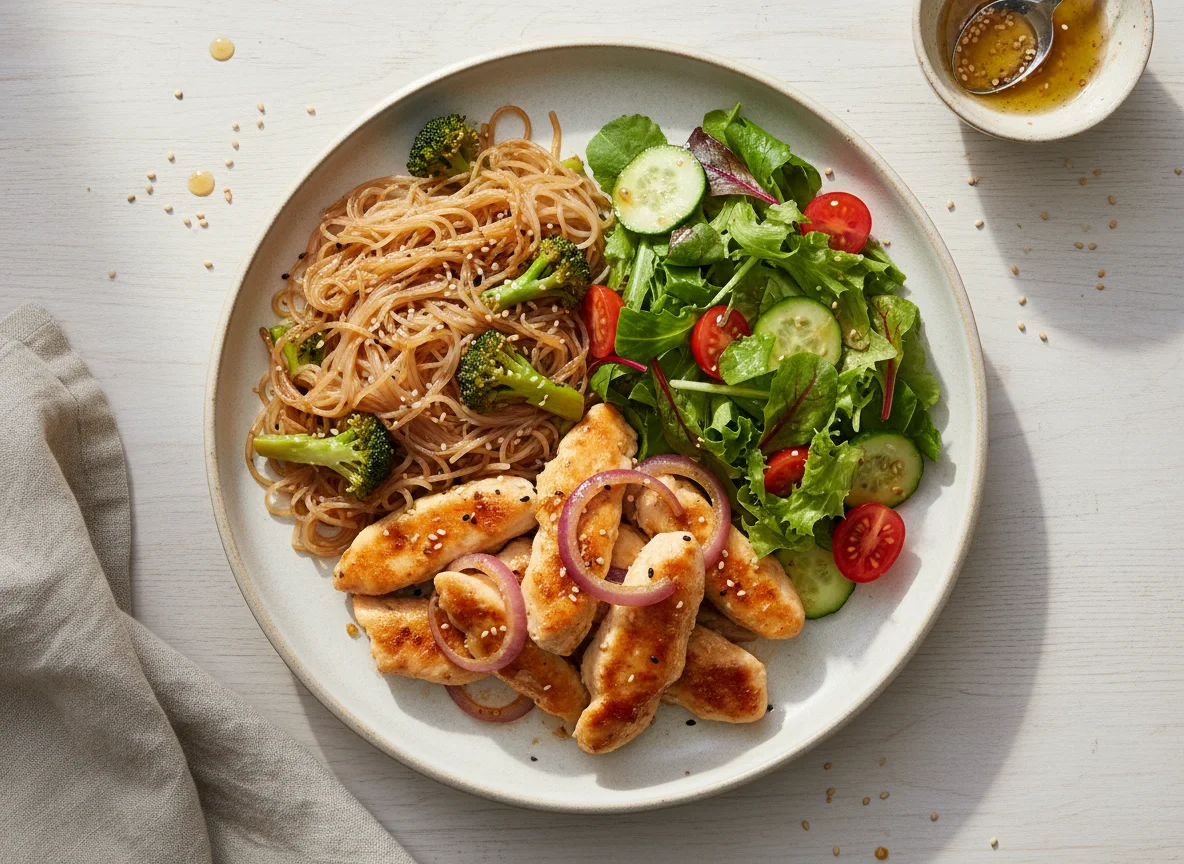 Gebratenes Hähnchen mit Reisnudeln und Salat photo