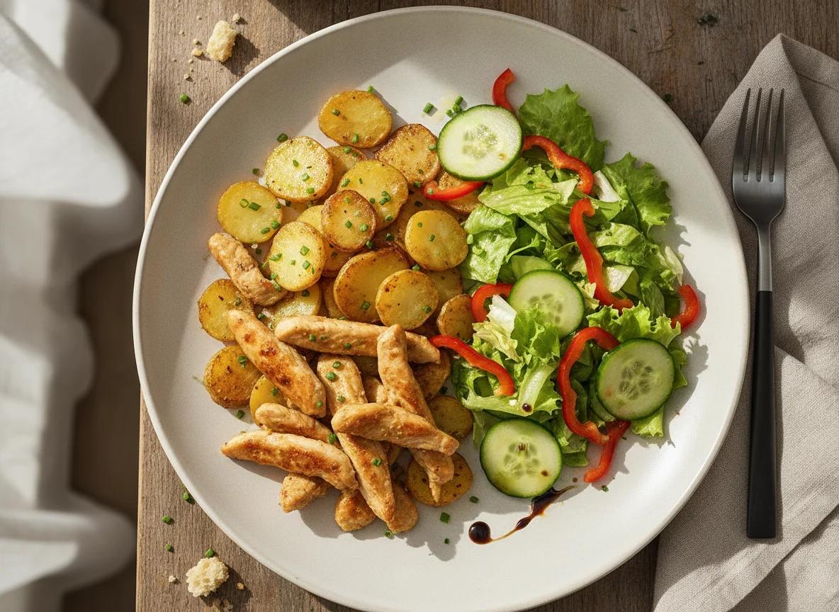 Gebratenes Hähnchen mit Röstkartoffeln und gemischtem Salat photo