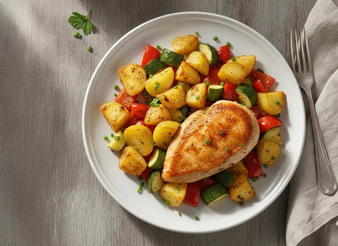 Gebratenes Hähnchen mit Röstkartoffeln und Gemüse photo
