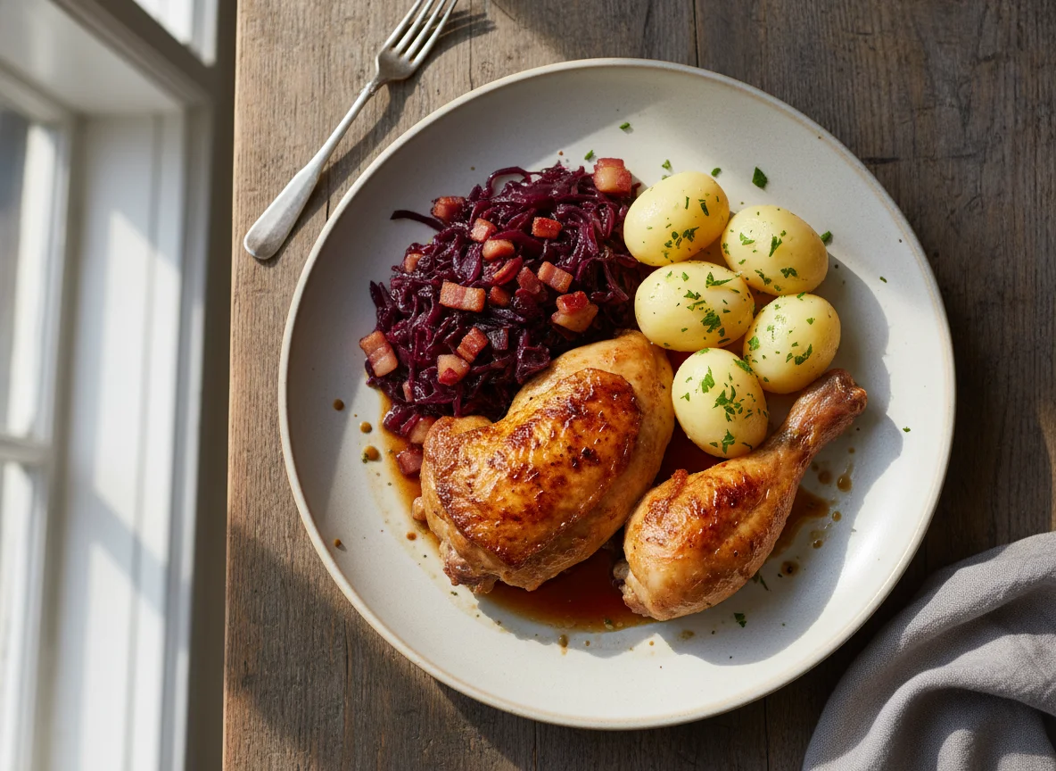 Gebratenes Hähnchen mit Rotkohl und Kartoffeln photo
