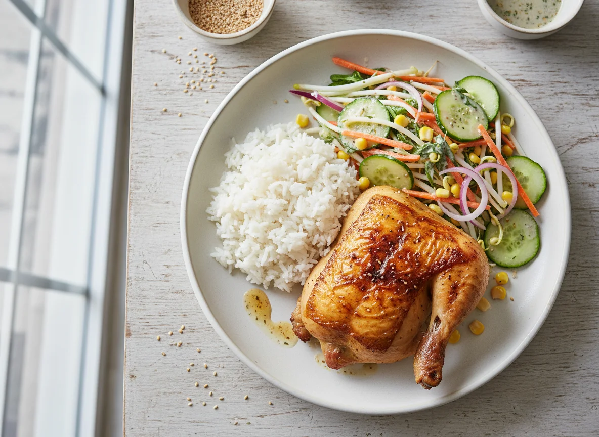 Gebratenes Hähnchen mit Salat und Reis photo