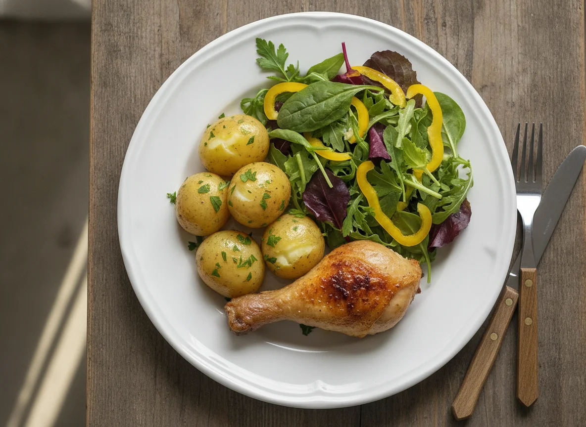 Gebratenes Hähnchen mit Salzkartoffeln und gemischtem Salat photo