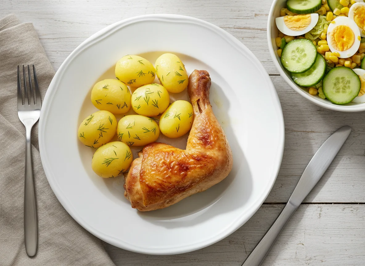 Gebratenes Hähnchen mit Salzkartoffeln und Salat photo