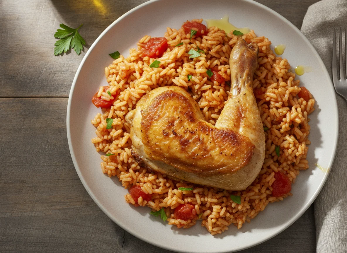 Gebratenes Hähnchen mit Tomatenreis photo