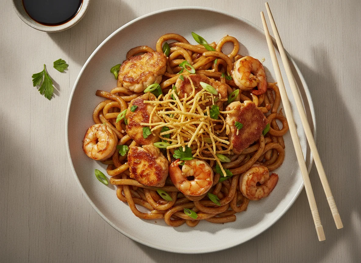 Gebratenes Hähnchen mit Udon-Nudeln und Garnelen photo
