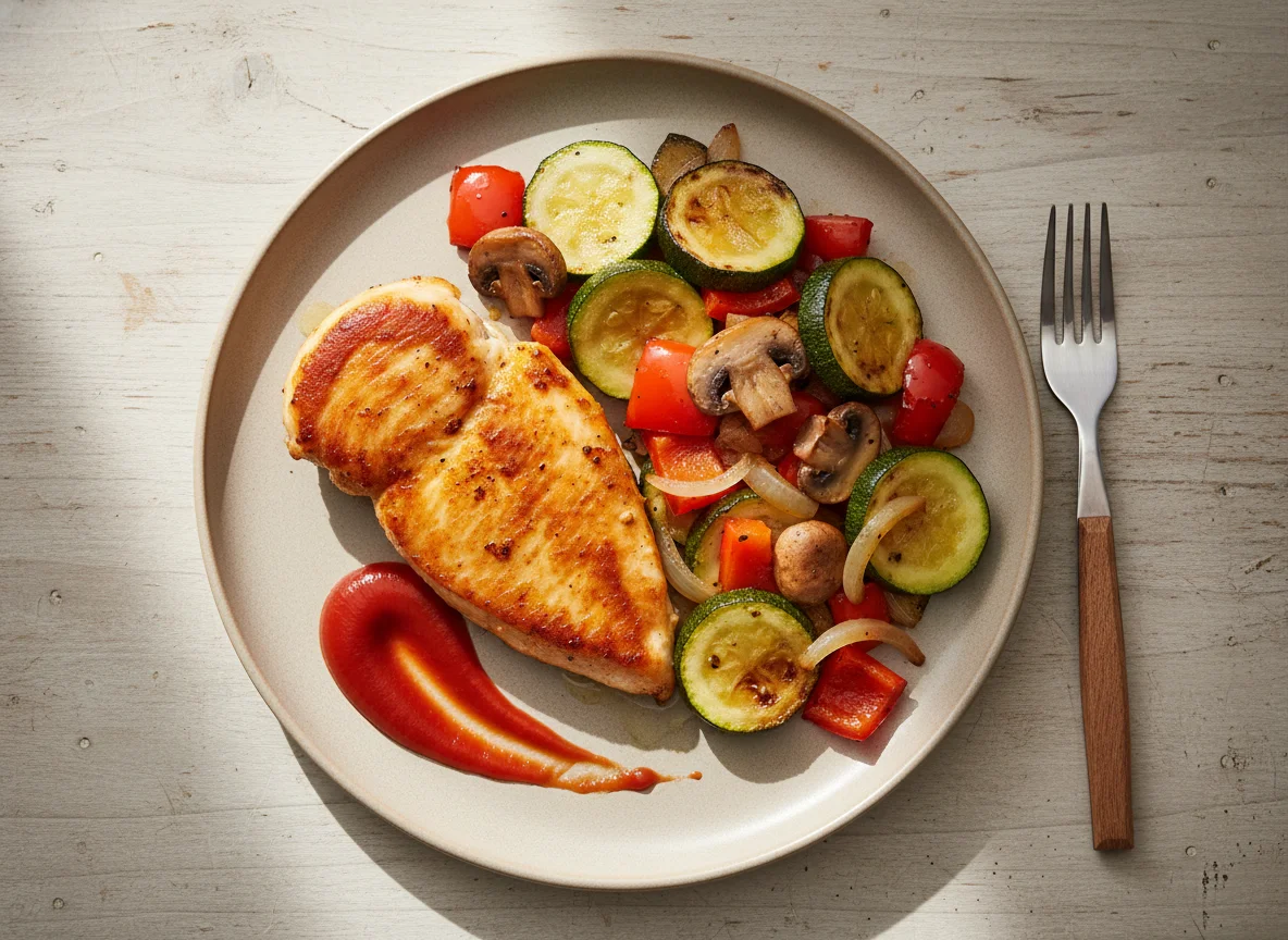 Gebratenes Hähnchen mit Zucchini-Paprika-Gemüse und Ketchup photo
