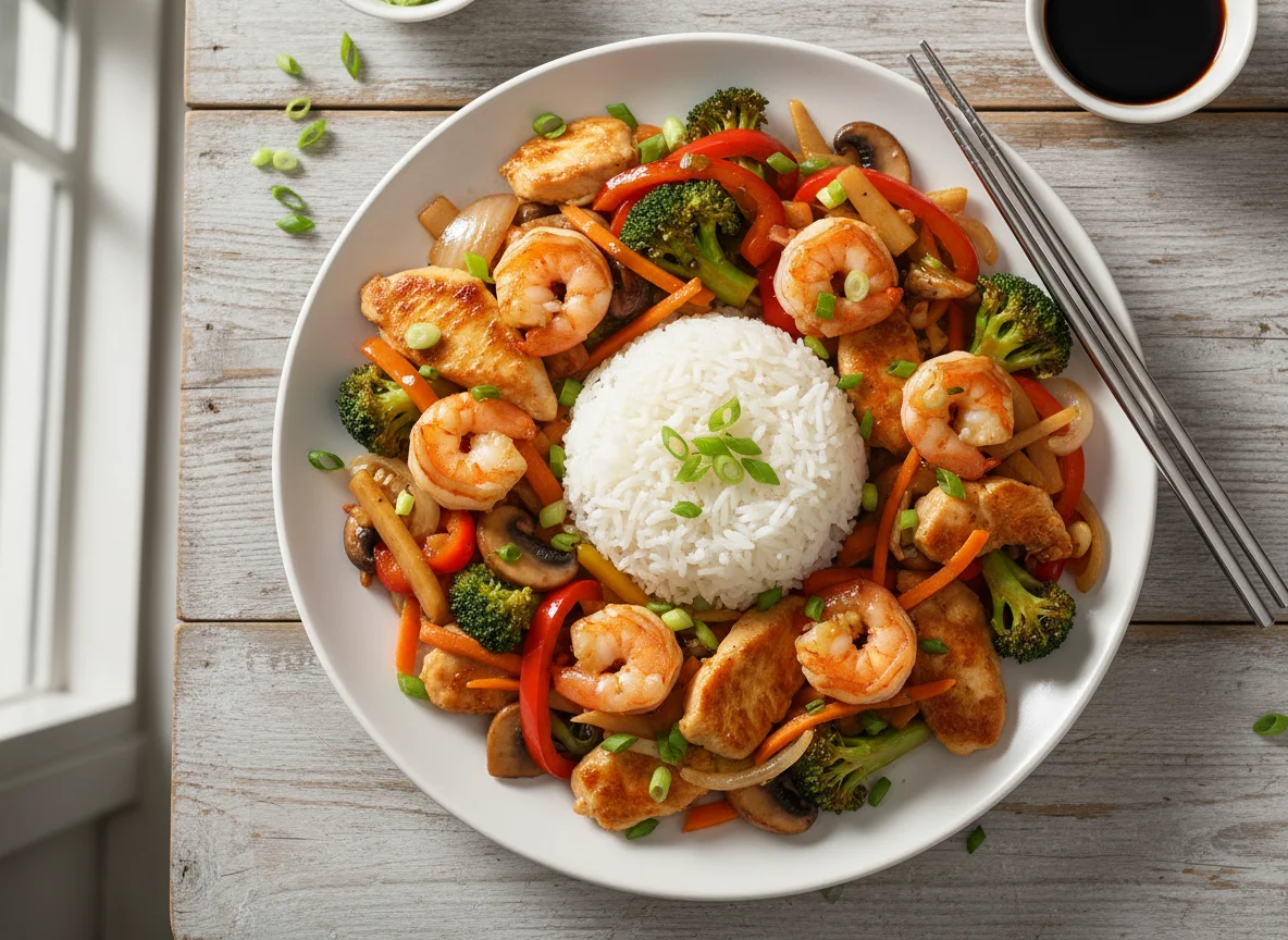 Gebratenes Hähnchen und Garnelen mit Gemüse und Reis photo