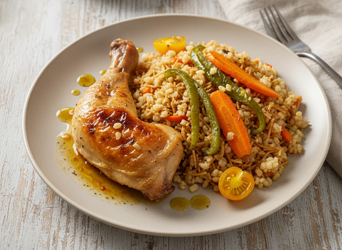 Gebratenes Hähnchenbein mit Bulgur-Pilaw und Gemüse photo