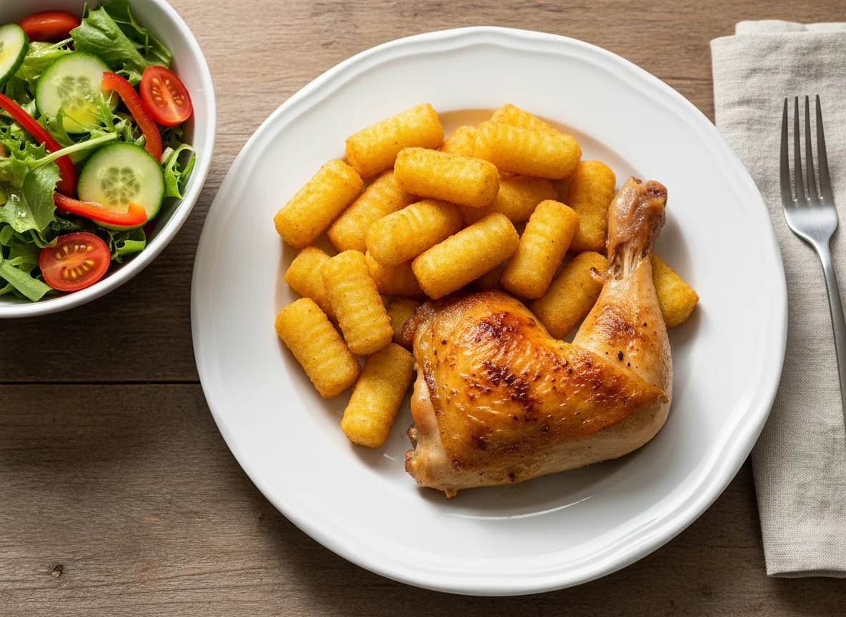 Gebratenes Hähnchenbein mit Kroketten und gemischtem Salat photo