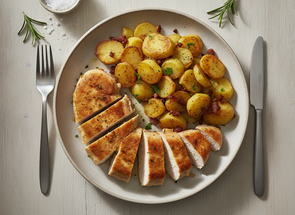 Gebratenes Hähnchenbrustfilet mit Bratkartoffeln photo