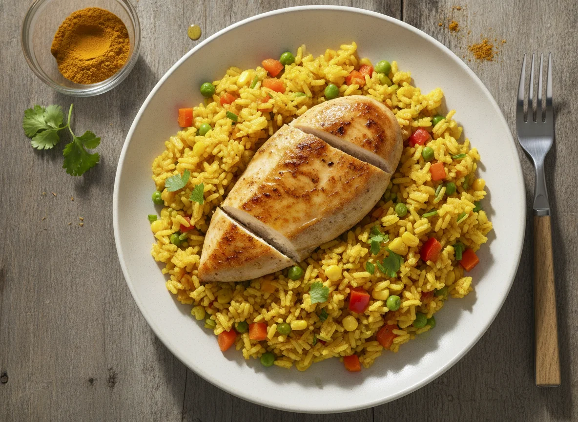 Gebratenes Hähnchenbrustfilet mit Gemüsereis photo