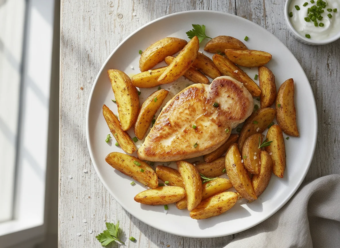 Gebratenes Hähnchenbrustfilet mit Kartoffelspalten photo