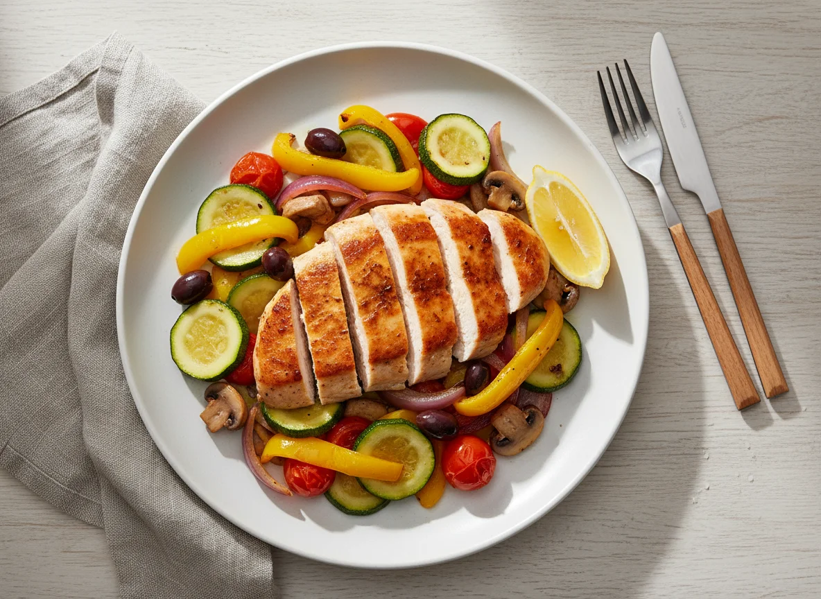 Gebratenes Hähnchenbrustfilet mit mediterranem Gemüse photo