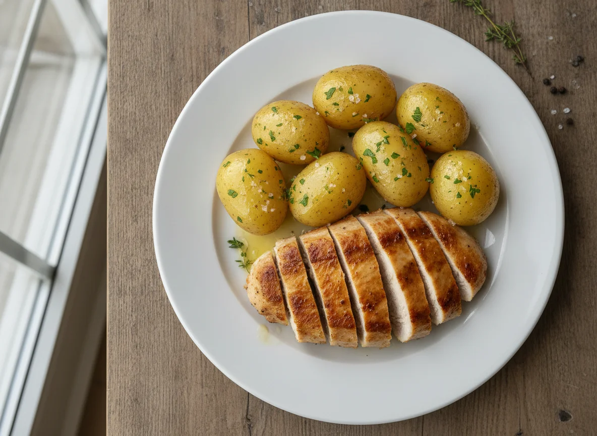 Gebratenes Hähnchenbrustfilet mit Salzkartoffeln photo
