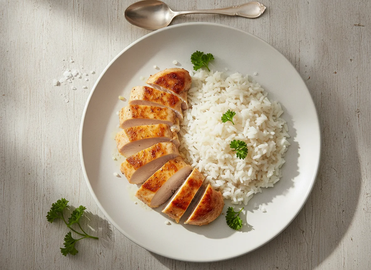 Gebratenes Hähnchenbrustfilet mit weißem Reis photo